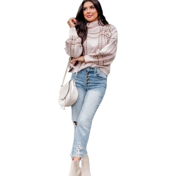 Plaid Cowl Neck Knit Cropped Boxy Sweater  Neutral blush Pink and Brown Sz S - Picture 3 of 10